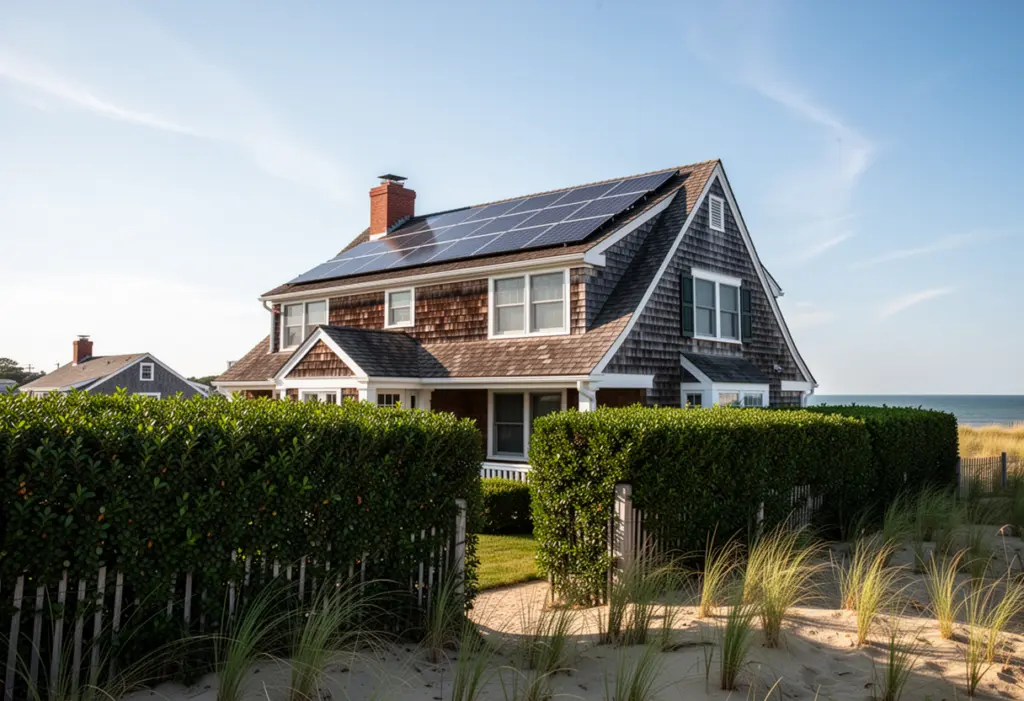 A shingle-style house with rooftop solar panels behind privet hedges on eastern Long Island, dune grass and clear coastal sky