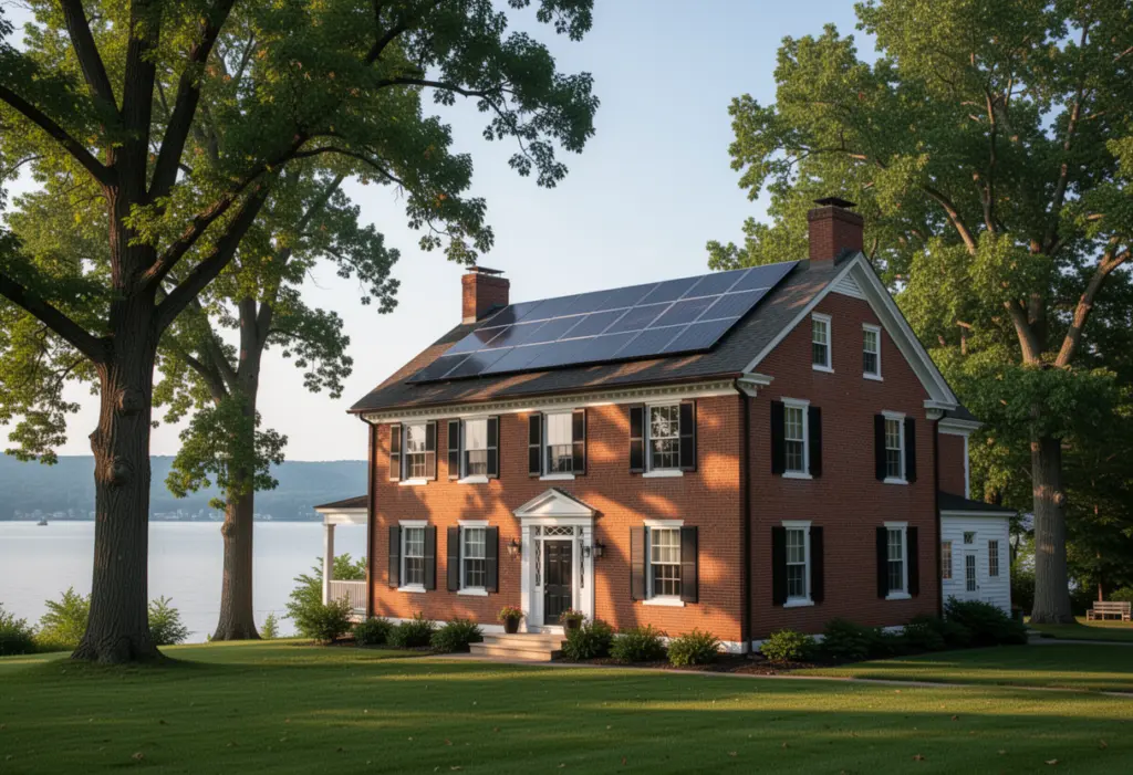 A Federal style brick house with discreet rooftop solar panels on a rear plane above Seneca Lake in Geneva New York