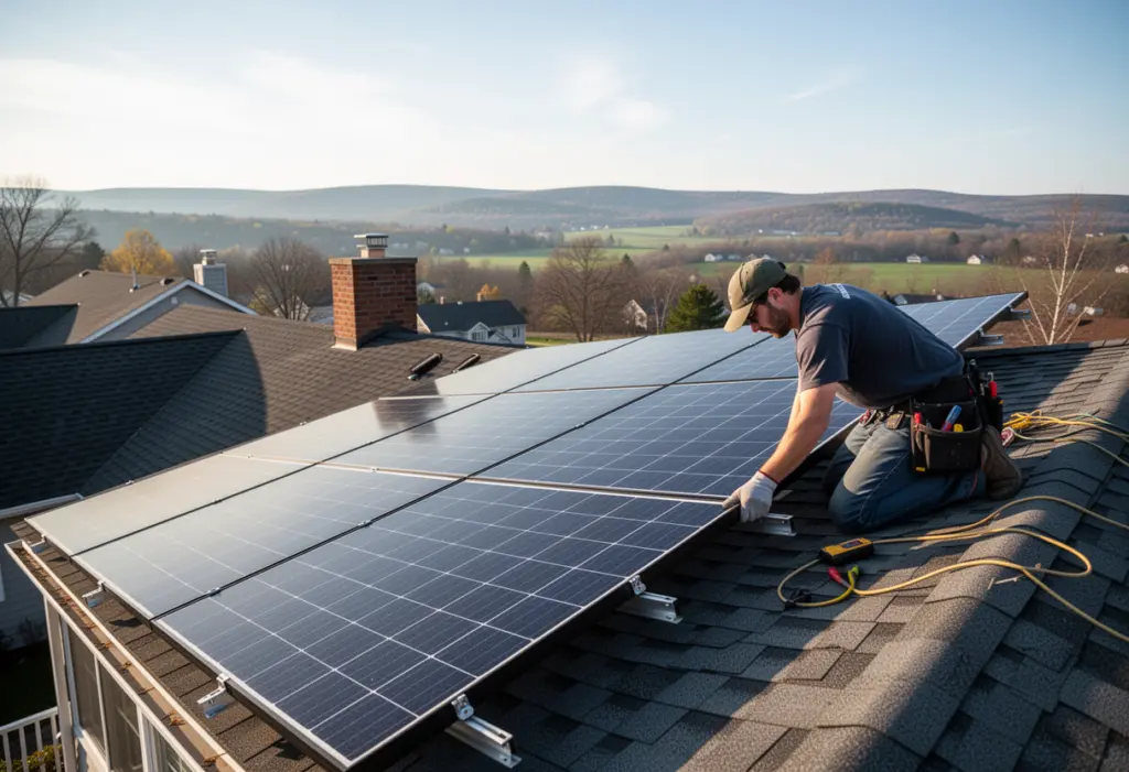 An installer positioning a large solar panel on a residential roof in the Finger Lakes region of New York
