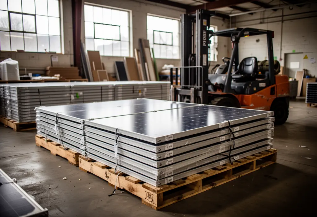 Solar modules stacked on wooden pallets in a contractor warehouse in upstate New York, forklift in the background