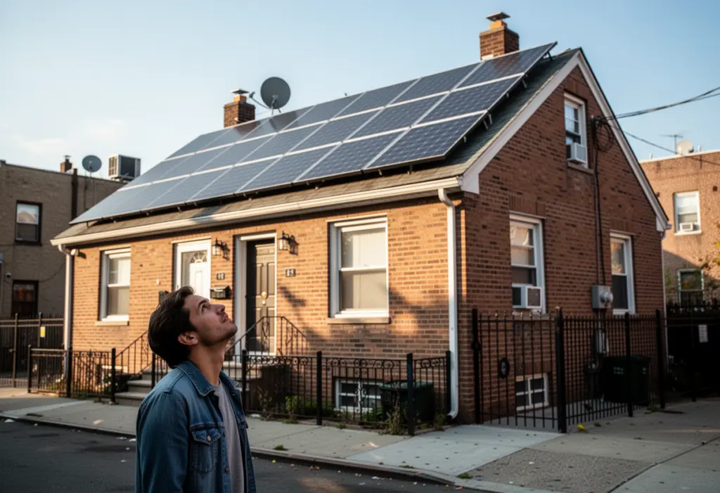 A rooftop solar array on a small brick apartment building with a tenant looking up from the sidewalk in Queens New York