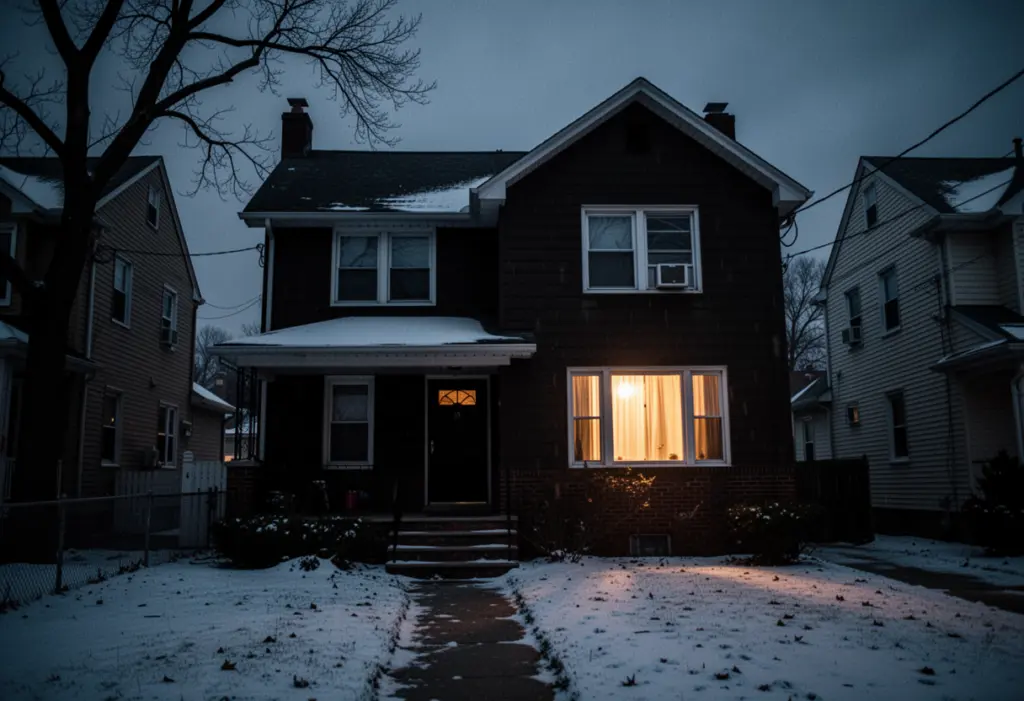 A dark suburban New York house at dusk during a power outage with one lit window, snow on the ground