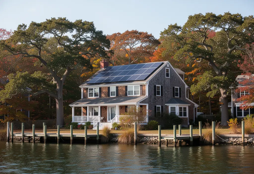 A shingled north shore Long Island house with rooftop solar panels above a wooded harbour, mature oaks