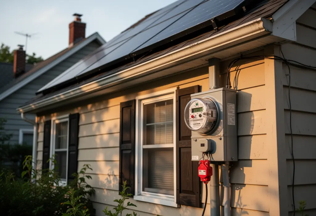 A new bidirectional electric meter and disconnect on the side of a New York house with rooftop solar panels above