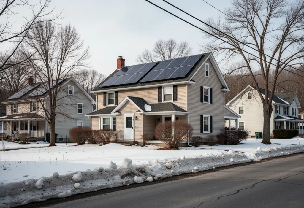 A suburban house with rooftop solar panels on a tree lined street in the Mohawk Valley of central New York, late winter snow along the kerb