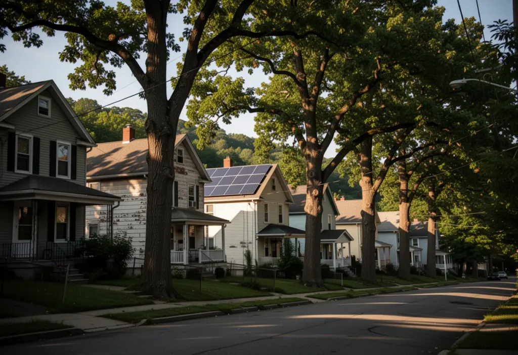 A hillside street of older houses in Ossining New York with solar panels on a sunlit roof and tall mature oak trees casting shadows