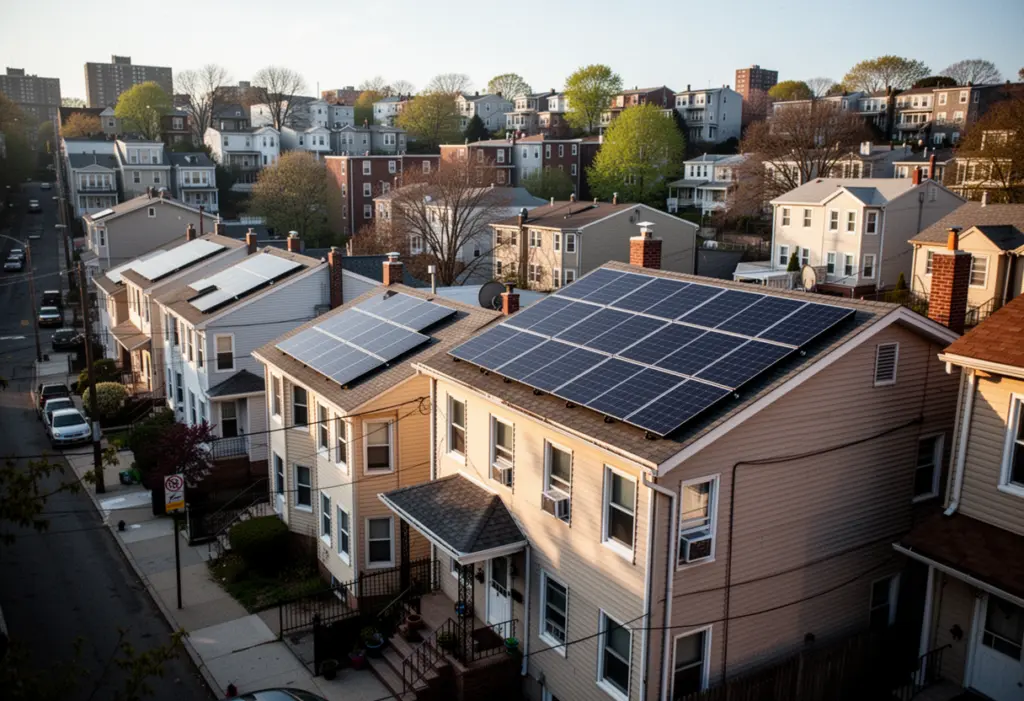 Solar panels on the roof of a multi-family house on a steep hillside street in Yonkers New York, dense residential neighbourhood