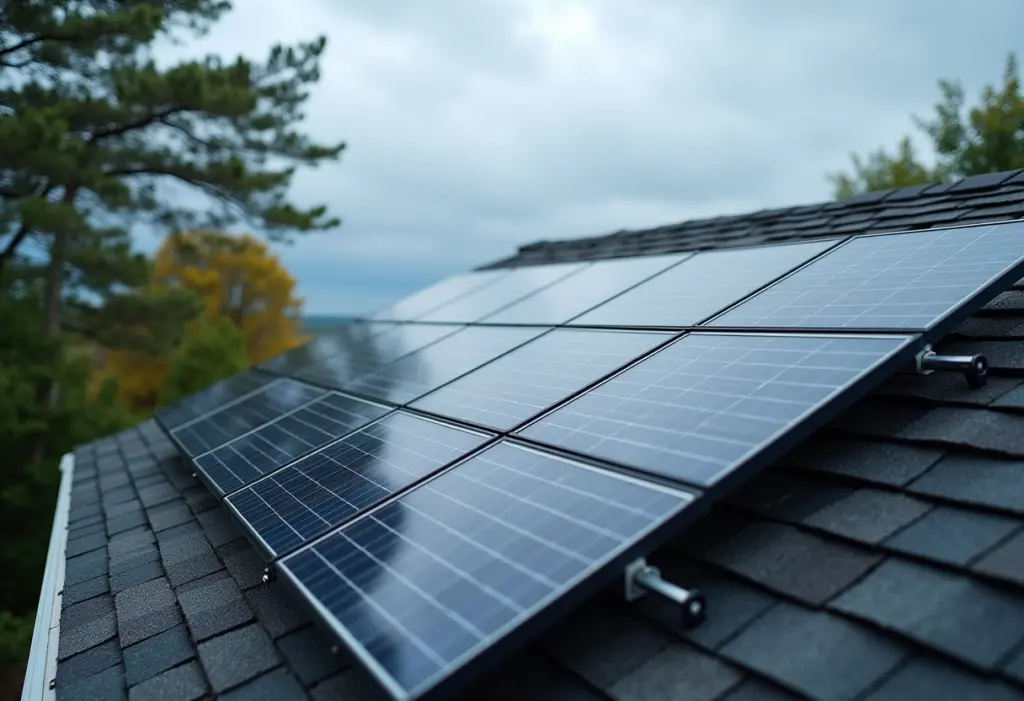 A residential solar panel array mounted on a suburban New York roof with a coastal storm sky in the background, wind visibly moving trees nearby
