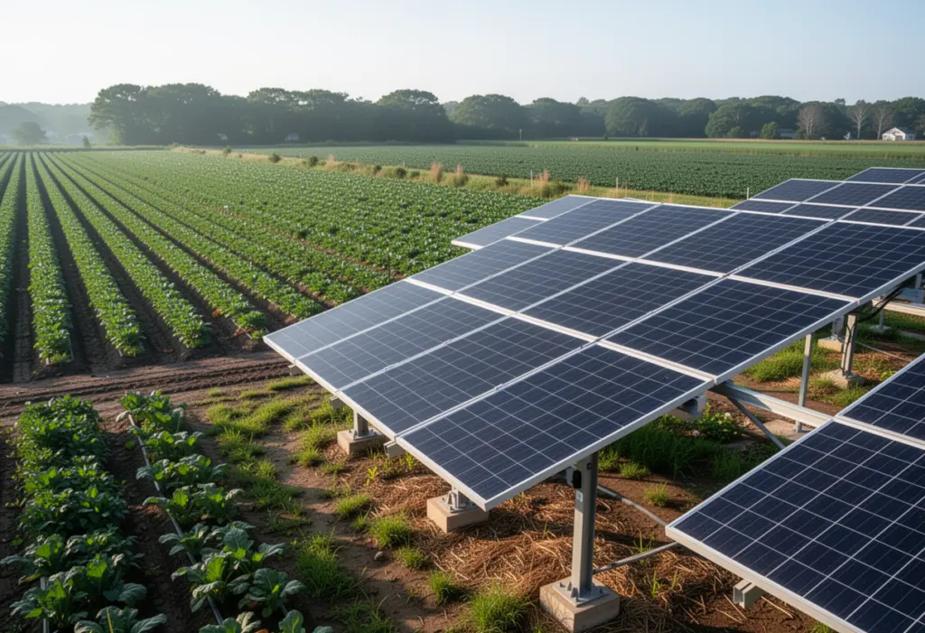 A ground-mounted solar array beside a farm field on the North Fork of Long Island, rows of crops and a distant treeline