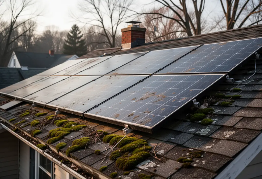A weathered residential rooftop solar array on an older shingle roof in central New York, moss on the north shingles