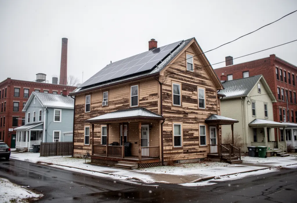 A two family wood frame house with rooftop solar panels on a close set residential street in a small former industrial city in upstate New York