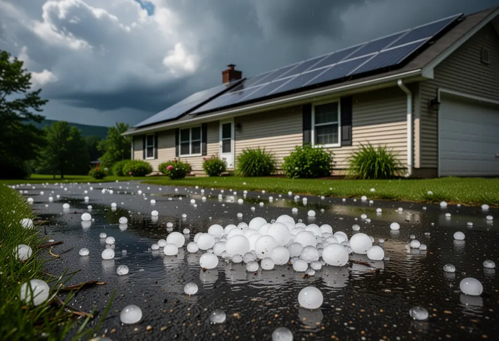Hailstones scattered on a wet driveway beside a house with a rooftop solar array in central New York after a summer storm