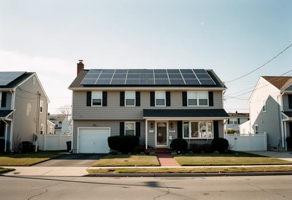 A split-level house with rooftop solar panels on a south shore Long Island street, flat terrain, wide sky