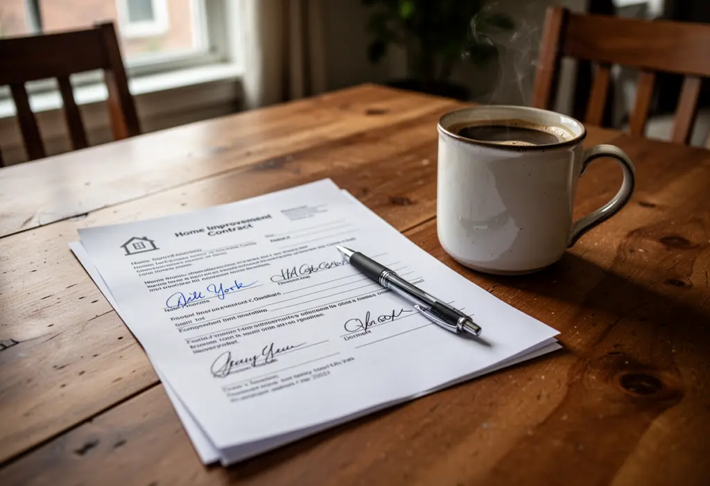 A signed home improvement contract and a pen on a wooden dining table beside a mug of coffee in a New York house