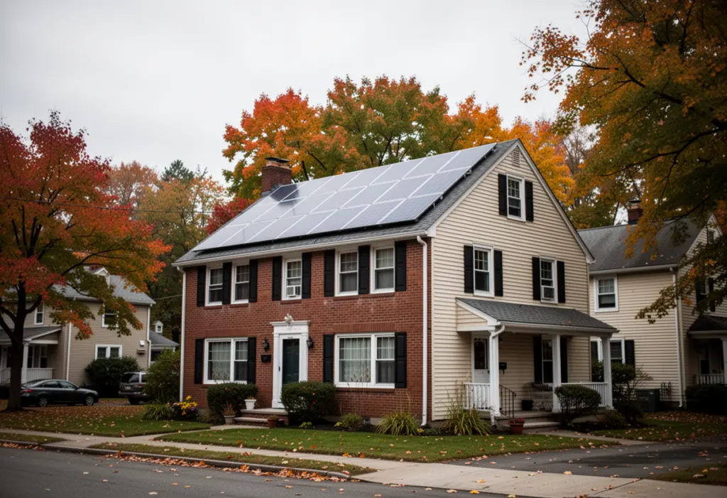 Solar panels on the roof of a brick and clapboard house on a leafy residential street in Rochester New York