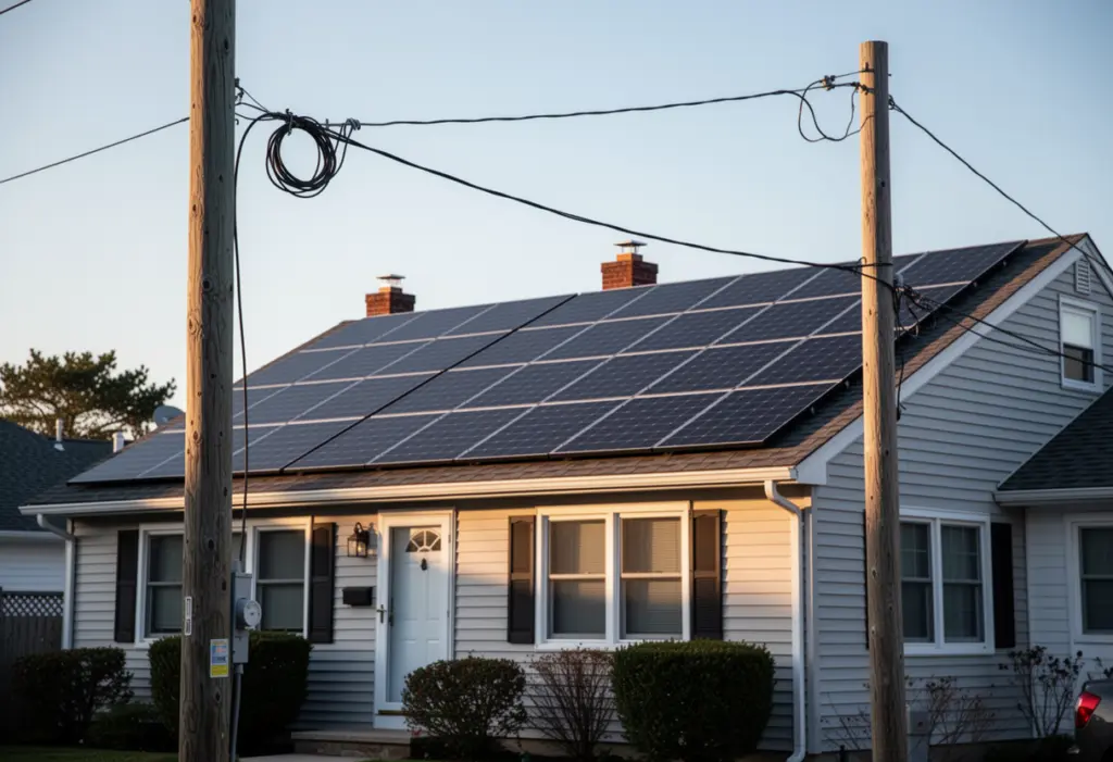 A rooftop solar array on a single family house on Long Island with a utility pole and overhead service drop in the foreground