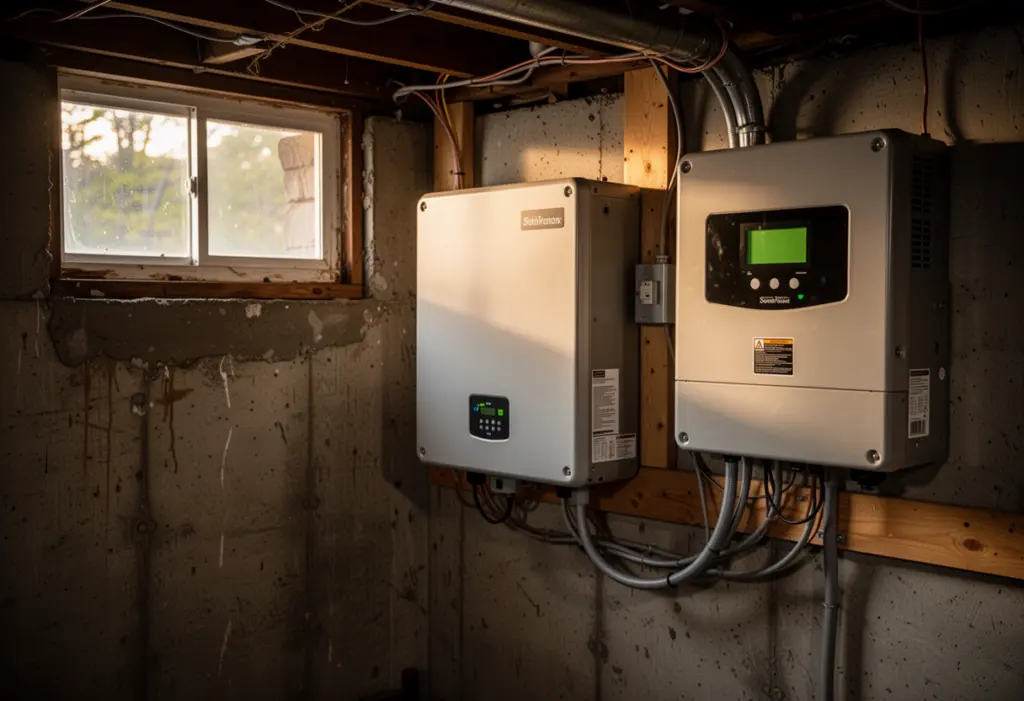 A home battery unit mounted on a basement wall beside an older solar inverter in a Hudson Valley house