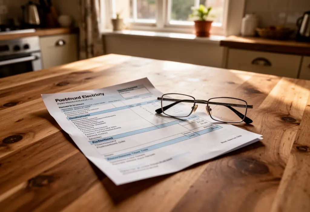 A household electricity bill and a pair of reading glasses on a wooden kitchen table