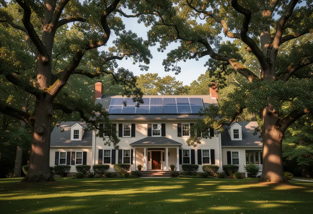 A large colonial house with rooftop solar panels behind mature oak trees in Westchester County New York