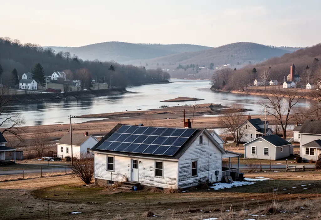 A village house with rooftop solar panels on flat river bottom land near the confluence of two rivers in Sidney New York