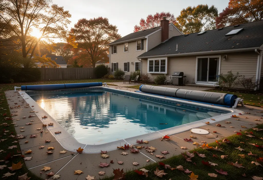 A backyard swimming pool with a partly rolled cover beside a house in early autumn on Long Island, fallen leaves on the deck