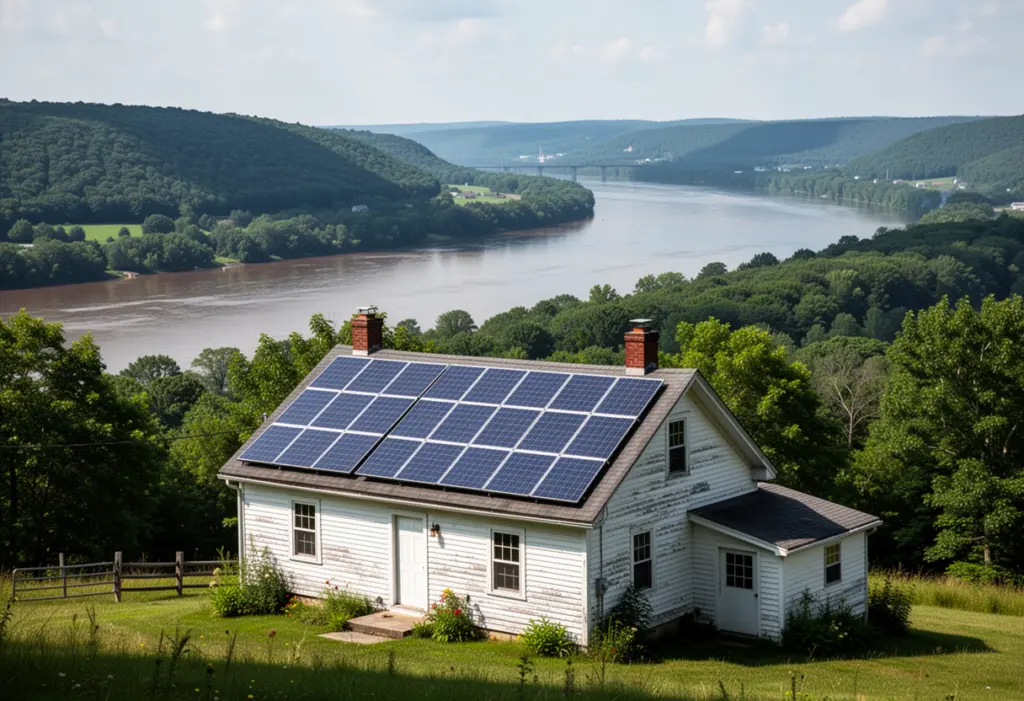 A farmhouse with rooftop solar panels above the Susquehanna river valley in the Southern Tier of New York, wooded hills and a wide river