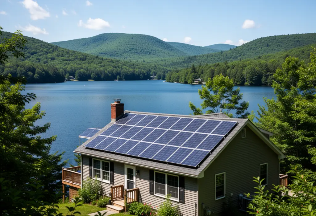 A lakeside house with rooftop solar panels above Lake George in the Adirondacks of New York, forested hills and clear blue water
