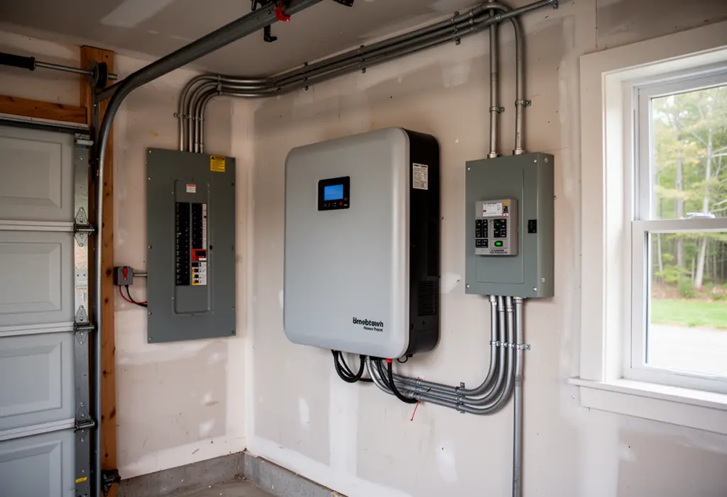 A wall mounted home battery unit in a clean residential garage in upstate New York beside an electrical panel and conduit
