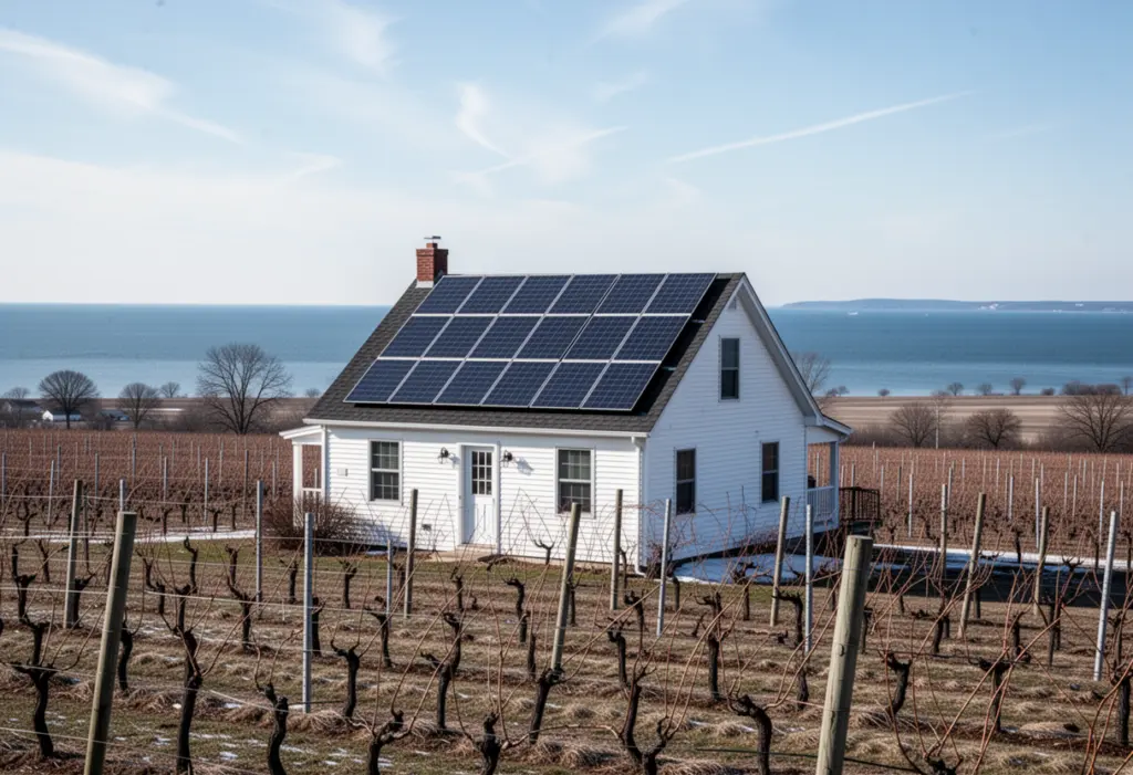 A farmhouse with rooftop solar panels above bare grapevine rows on the Lake Erie plain near Westfield New York, the lake visible in the distance