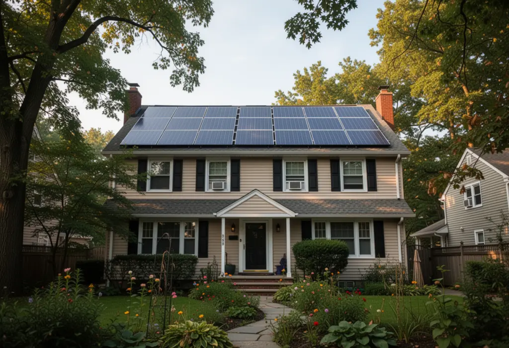 A suburban New York house with an established rooftop solar array seen from the front garden, mature trees at the edge of the frame