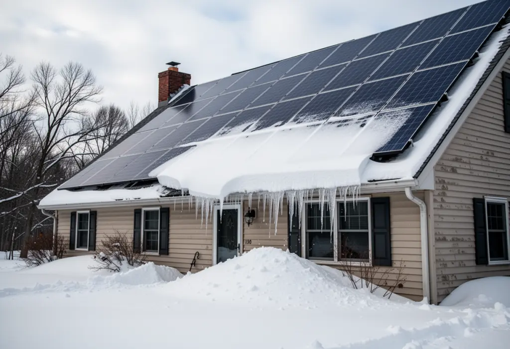A steep-roofed house with solar panels near Syracuse New York, deep snow on the ground, snow sliding off the panel edges