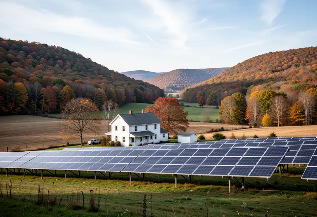 A farmhouse with a ground-mounted solar array in a broad valley in central New York, wooded hills on both sides