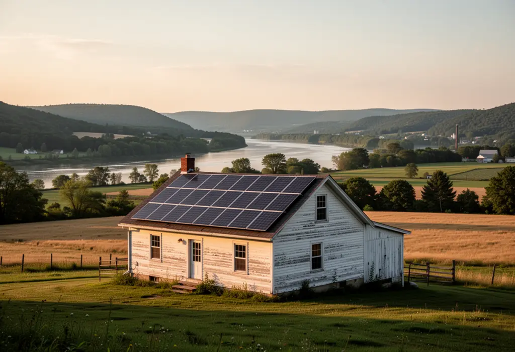 A farmhouse with rooftop solar panels above the broad Genesee valley in western New York, open fields and low hills