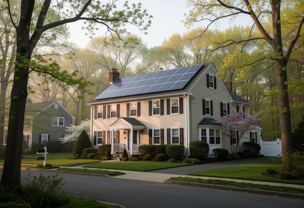 A colonial style suburban house with rooftop solar panels on a wooded street near the Nissequogue River on Long Island