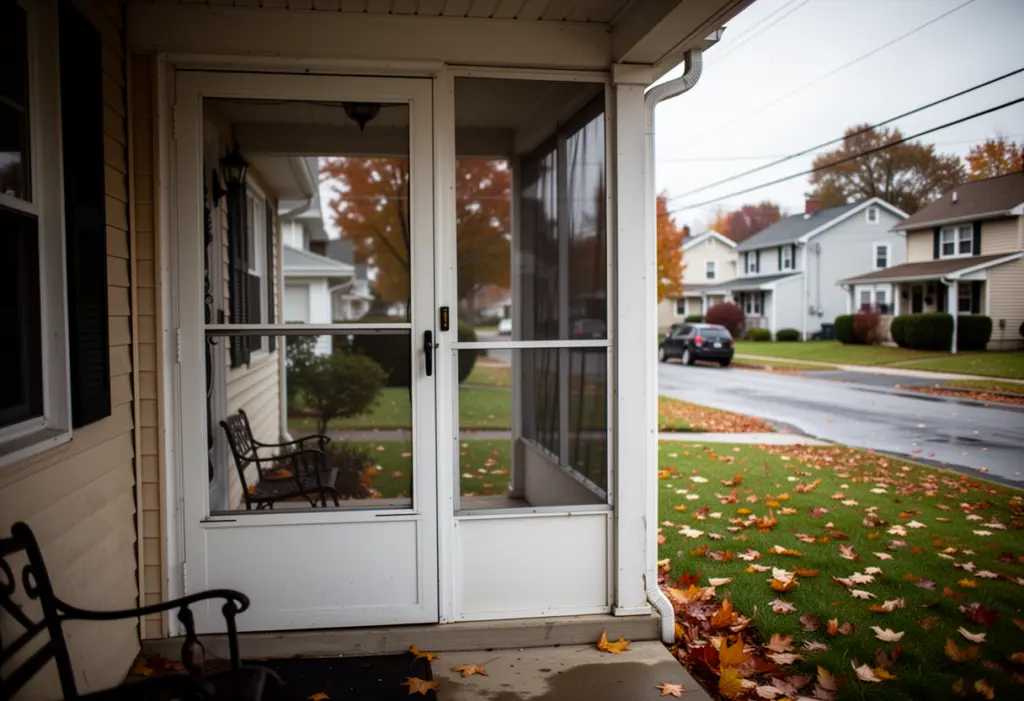 A suburban front porch and screen door on a residential street in New York State on an overcast afternoon, autumn leaves on the lawn