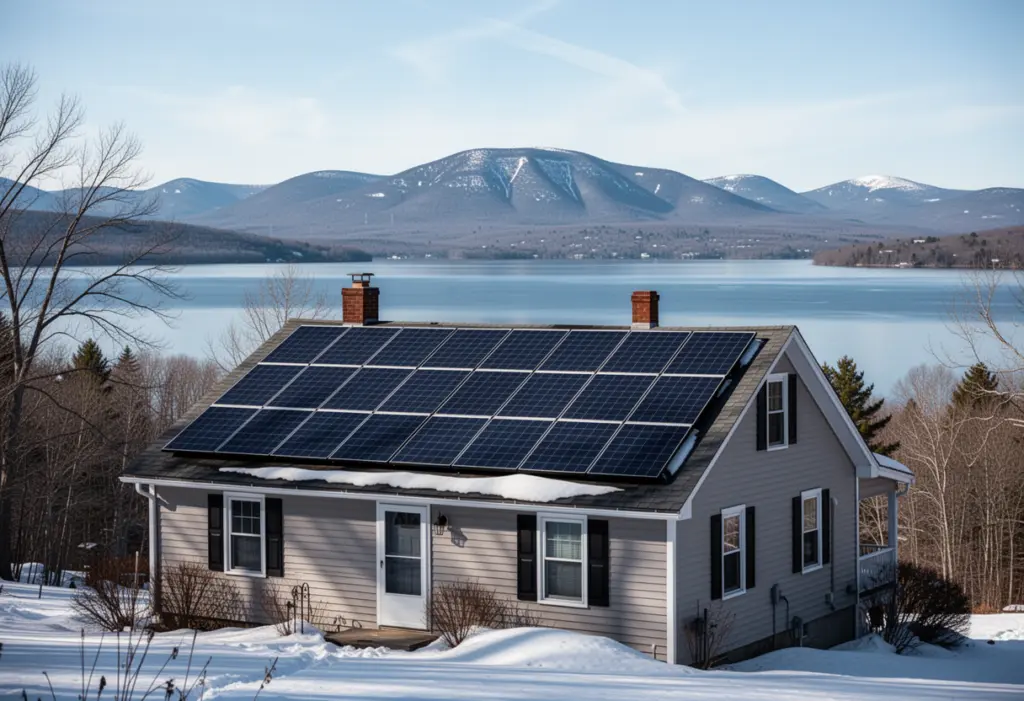 A house with rooftop solar panels near Lake Champlain in the North Country of New York, distant Adirondack peaks