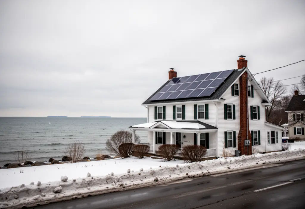 A colonial house with rooftop solar panels near the Lake Erie shore south of Buffalo New York, snow along the road