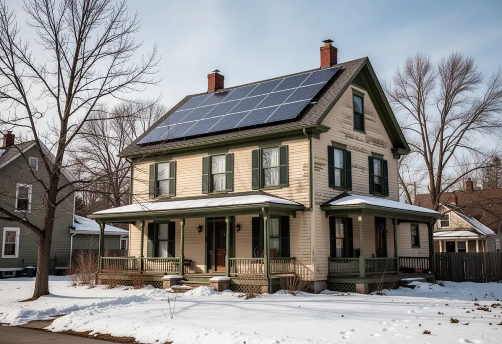 An early twentieth century house in Utica New York with rooftop solar panels, snow on the ground, bare trees, crisp winter daylight