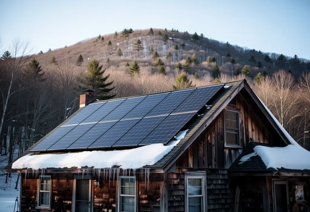 A steep roofed house with solar modules in the southern Adirondack foothills of New York, snow along the eaves and a wooded ridge behind