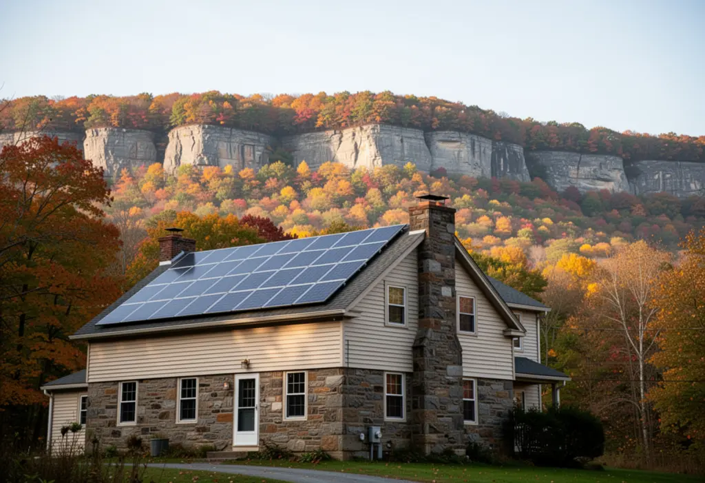 A stone and clapboard house with rooftop solar panels below the Shawangunk ridge in New Paltz New York