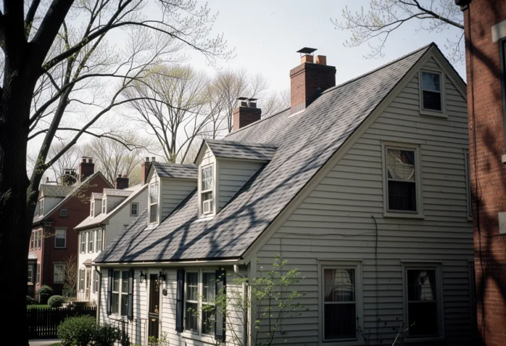 A steeply pitched house roof in a New York village seen from the shaded north side in spring, bare trees