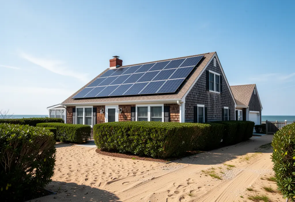 A shingled Long Island house with rooftop solar panels, hedges and a sandy driveway