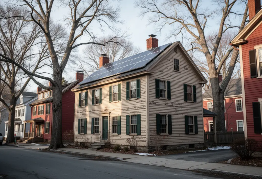A colonial era clapboard house with rooftop solar panels on a quiet street in a small upstate New York city, mature bare trees