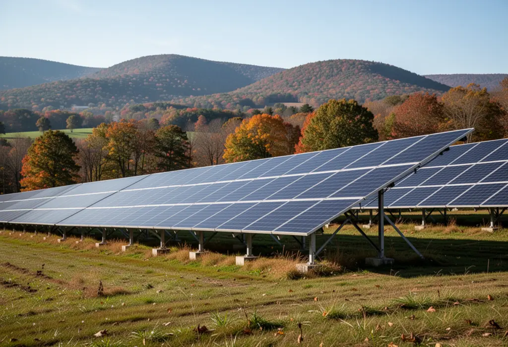 A ground-mounted solar array on gently sloping farmland in the Hudson Valley with wooded ridges behind