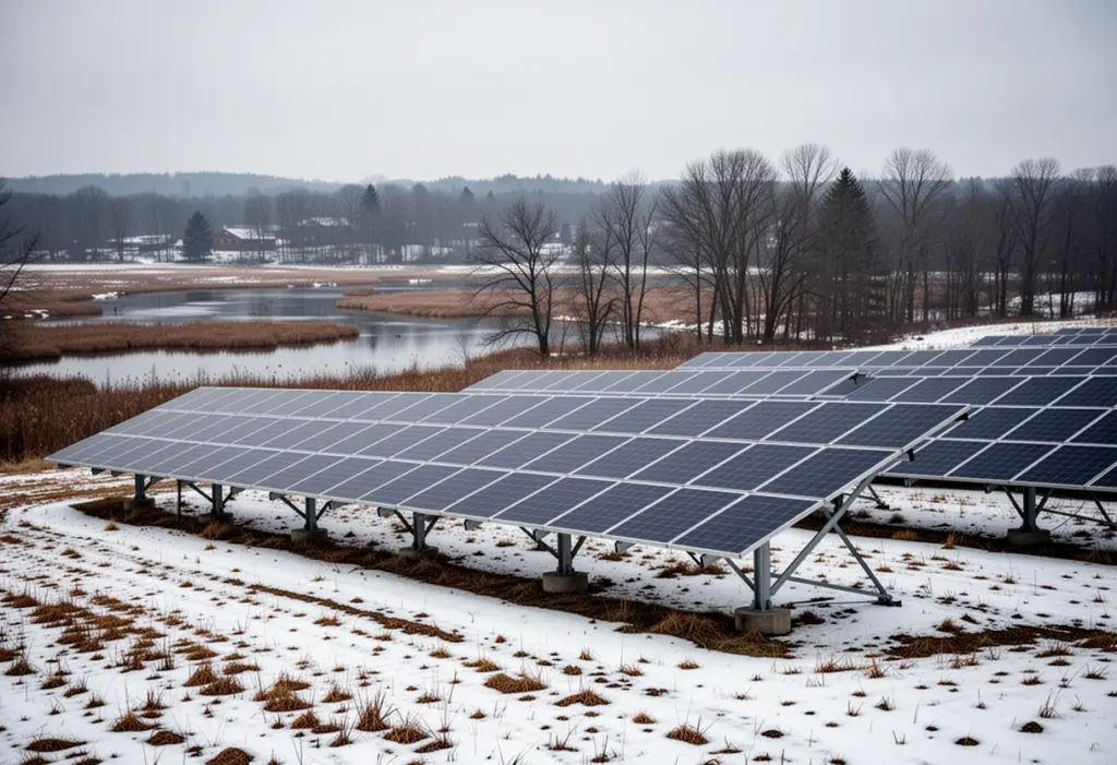 A ground mounted solar array in a wide open field beside wetland and bare winter trees north of Syracuse in central New York