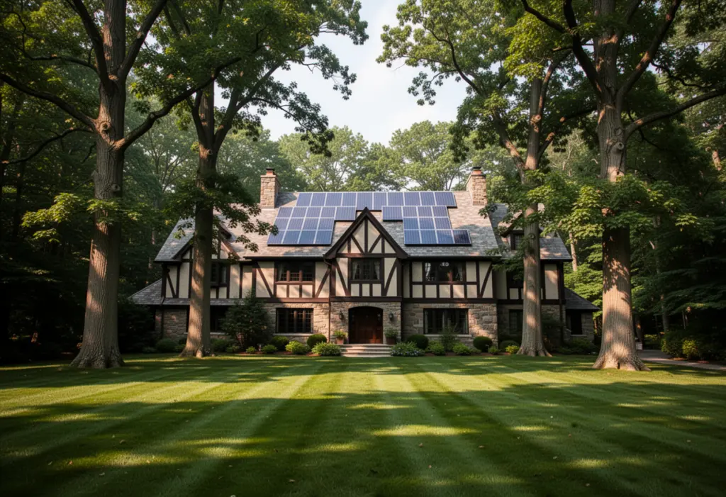 A large tudor style house with rooftop solar panels behind tall mature trees in Westchester County