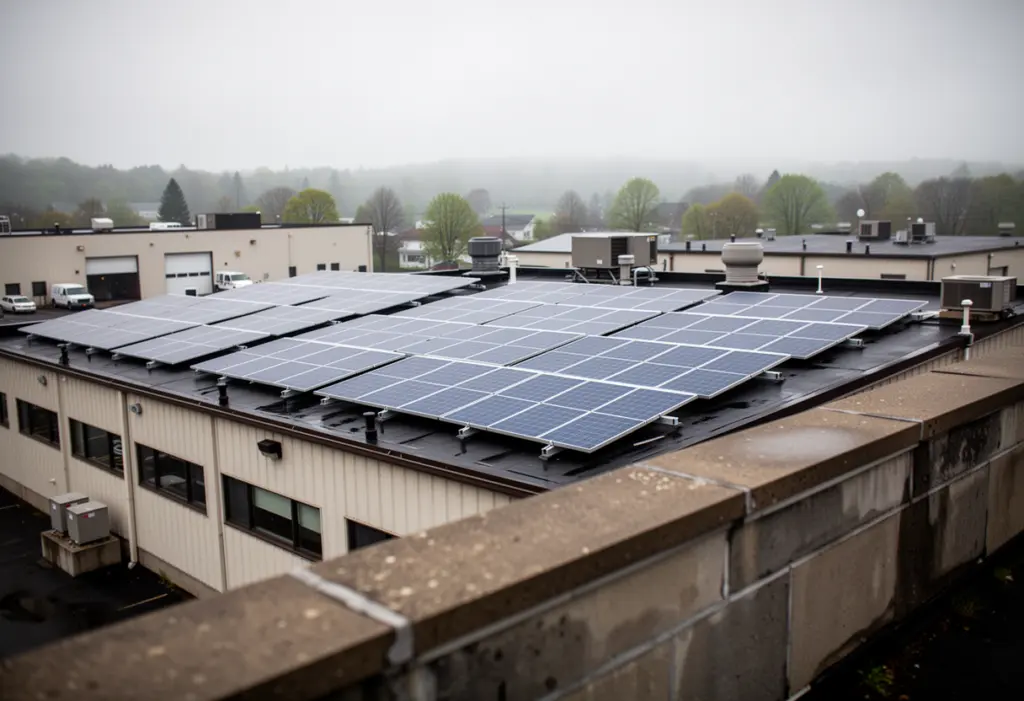 A flat commercial rooftop solar array on a light industrial building in upstate New York seen from a parapet