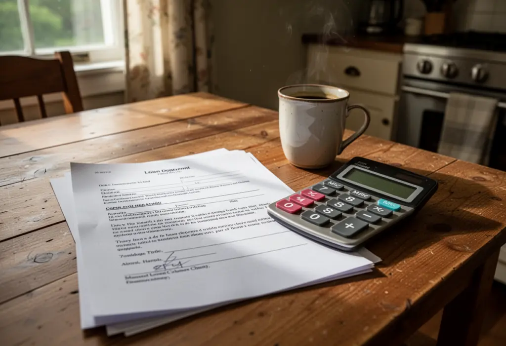 A kitchen table in a Hudson Valley home with a printed loan agreement, a calculator and a coffee cup