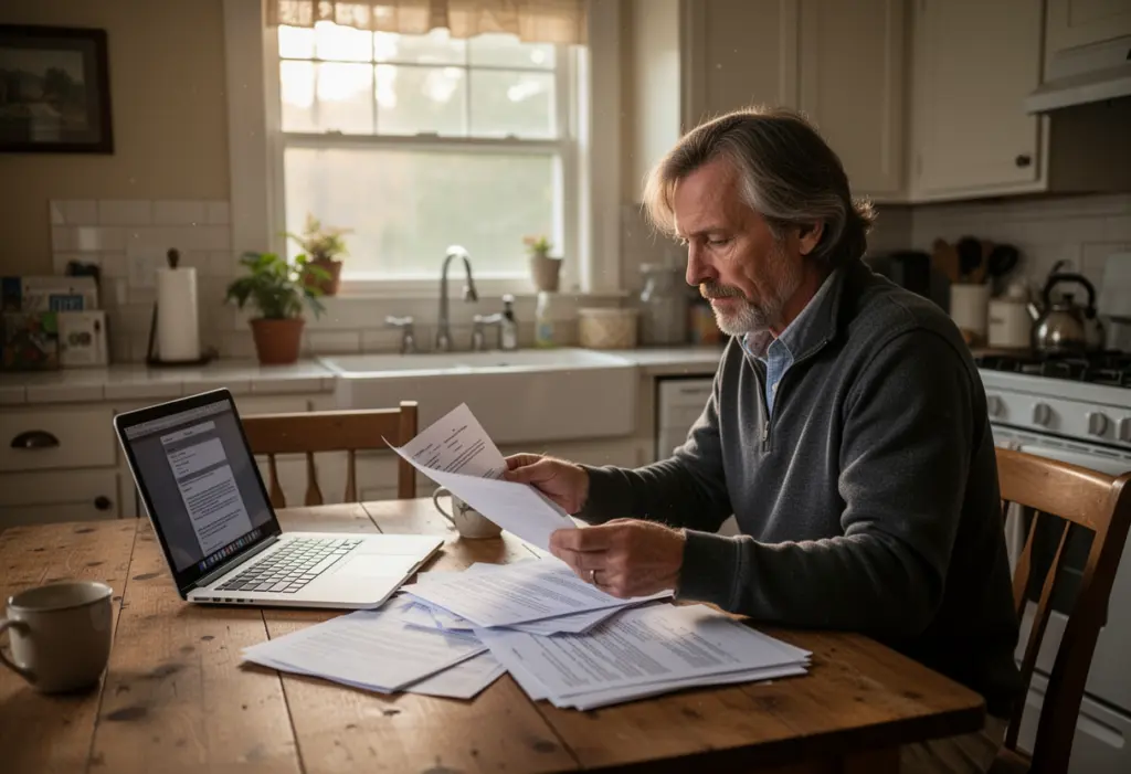 A homeowner at a kitchen table in an upstate New York house reviewing printed paperwork beside a laptop