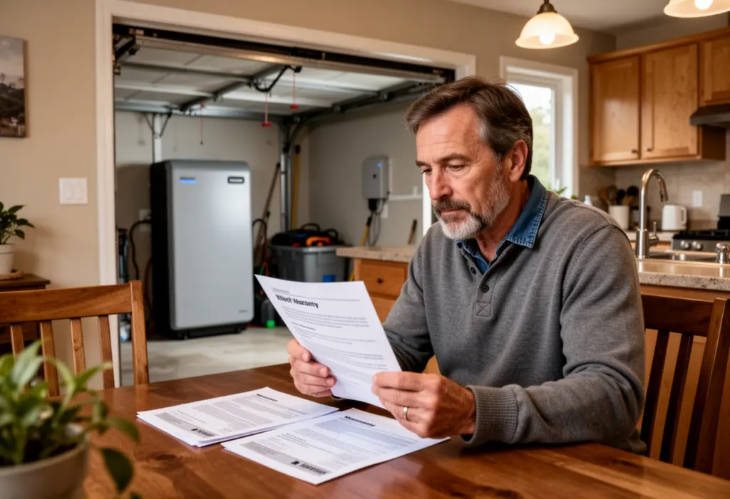 A homeowner reading printed warranty documents at a kitchen table with a home battery visible through an open garage doorway